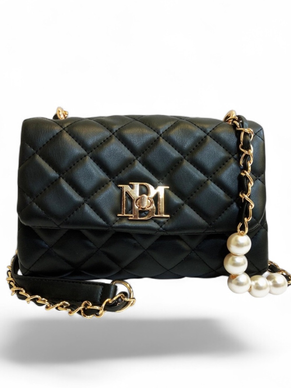 BADGLEY MISCHKA Black Quilted Bag w/Pearl Strap Embellishment - NWT